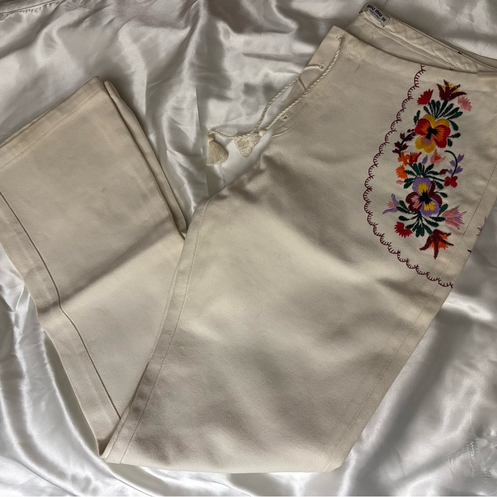 Vintage Miu Miu Cream Floral Embroidered jeans
